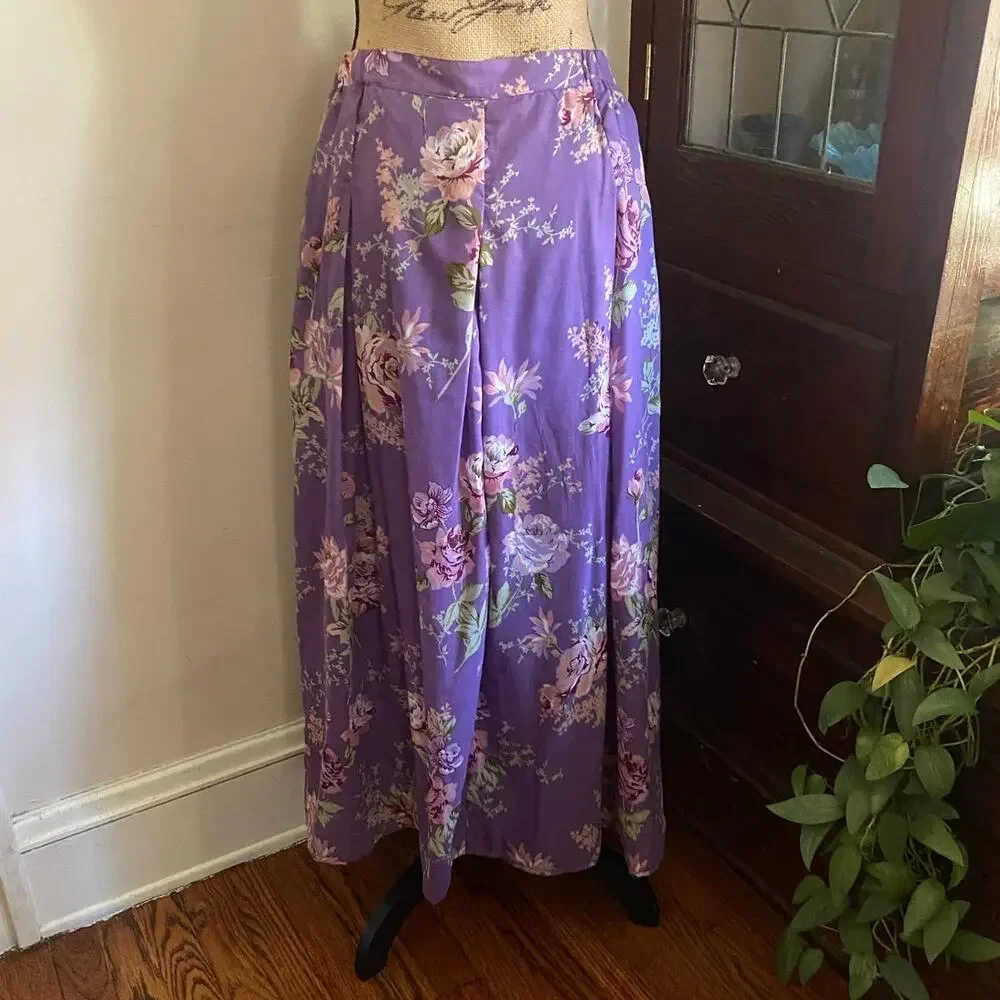 Vintage Lavender Floral Maxi Skirt Cottagecore Button Front L Denim 24/7